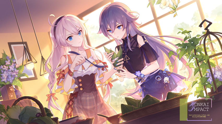 2girls blue_eyes flowers food fu_hua green_hair honkai_impact kiana_kaslana kickylian long_hair purple_hair twintails waifu2x watermark