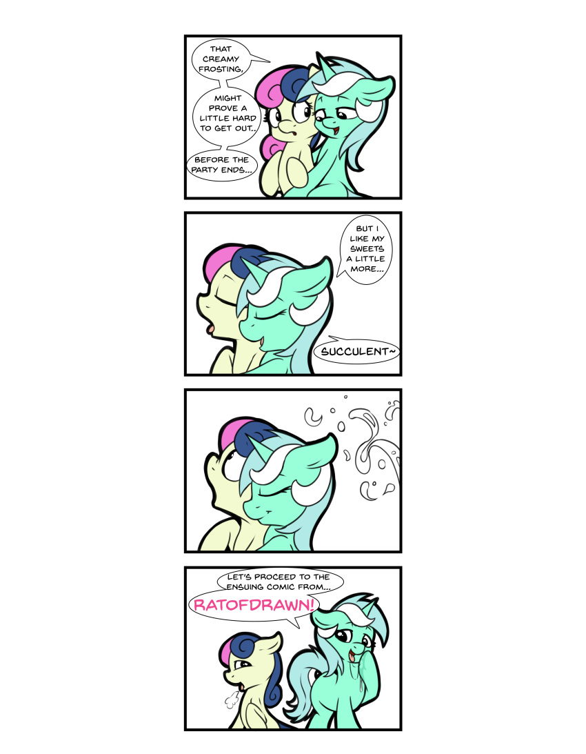 absurd_res bodily_fluids bonbon_(mlp) comic dialogue english_text equid equine fearingfun female female/female feral friendship_is_magic genital_fluids green_body hasbro hi_res horn lyra_heartstrings_(mlp) mammal my_little_pony pussy_juice simple_background text unicorn white_background