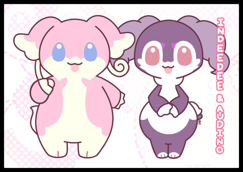 :3 artsy-rc audino black_border border character_name commentary english_commentary gen_5_pokemon gen_8_pokemon highres indeedee indeedee_(female) looking_at_viewer no_humans parody pokemon sanrio signature smile style_parody