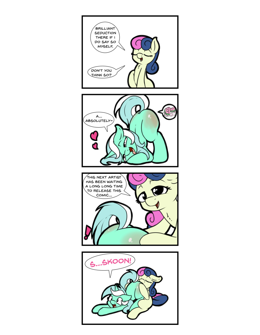 ! absurd_res bonbon_(mlp) butt comic cunnilingus dialogue english_text equid equine fearingfun female female/female feral friendship_is_magic green_body hasbro hi_res horn lyra_heartstrings_(mlp) mammal my_little_pony oral reddened_butt sex simple_background text unicorn vaginal white_background