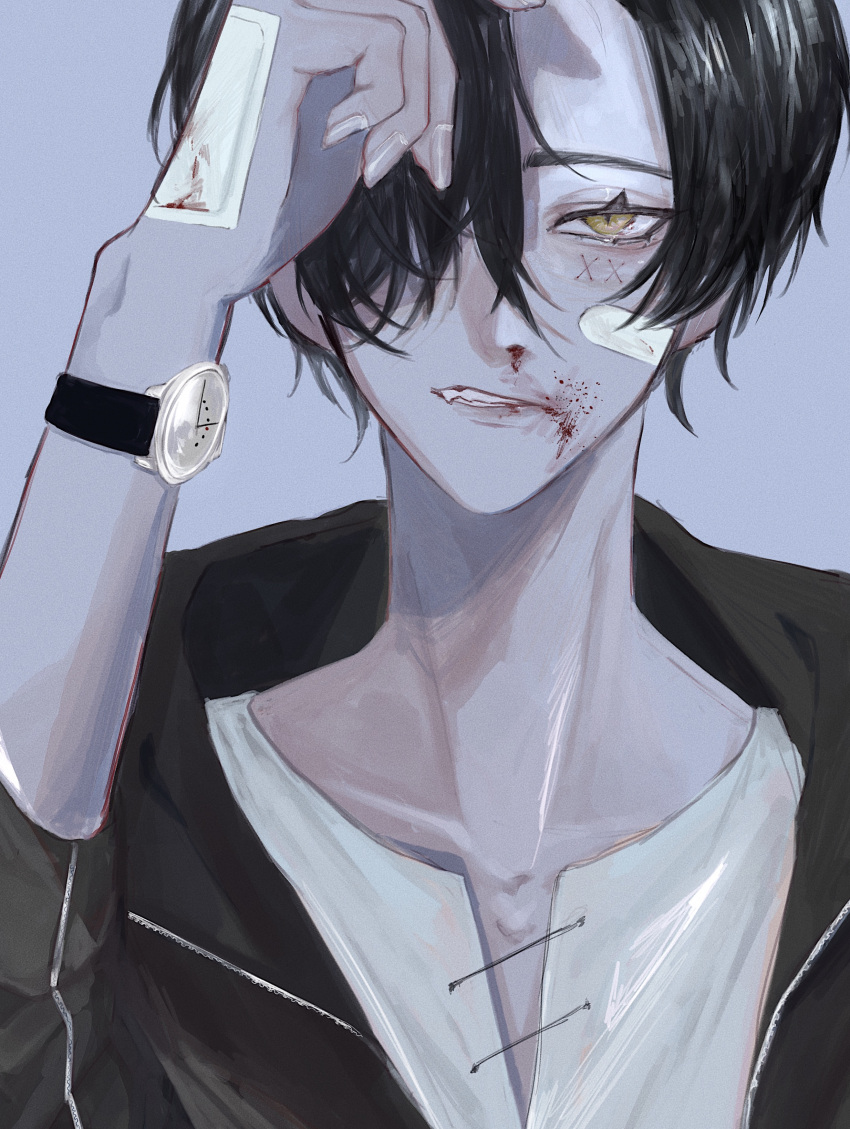 1boy absurdres bandaid bandaid_on_face bandaid_on_hand bishounen black_hair blood blood_on_face bloody_nose blue_background collarbone earlgrey3183 fang fingernails hair_over_one_eye highres jacket male_focus open_clothes open_jacket original parted_lips simple_background slit_pupils solo upper_body watch wristwatch x yellow_eyes zipper