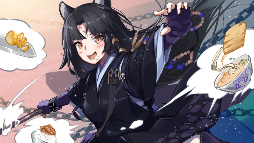 1girl animal_ears arknights black_hair blush bowl brown_eyes dog_ears drooling elbow_gloves facial_mark fingerless_gloves food forehead_mark gloves hellnyaa highres holding holding_spear holding_weapon infection_monitor_(arknights) japanese_clothes kimono looking_at_viewer noodles open_mouth polearm purple_gloves purple_kimono ramen rice_bowl saga_(arknights) solo spear thought_bubble upper_body weapon
