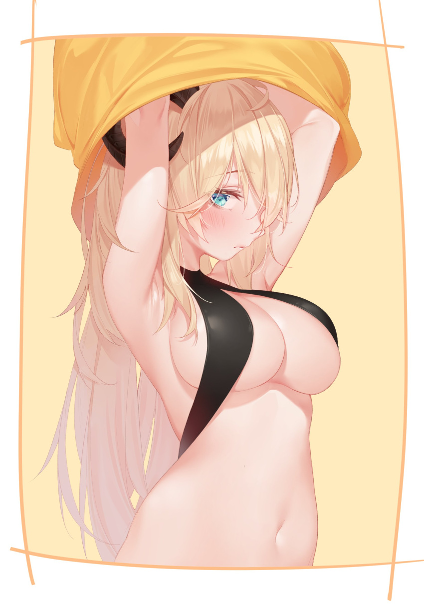 1girl absurdres ahoge armpits bangs blonde_hair blue_eyes blush breasts character_request copyright_request eyebrows_visible_through_hair highres horns long_hair looking_at_viewer mokew navel shirt_lift simple_background solo