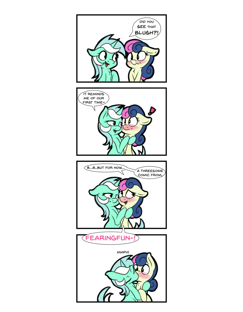 ! absurd_res blush bonbon_(mlp) comic dialogue english_text equid equine fearingfun female female/female feral friendship_is_magic green_body hasbro hi_res horn kissing lyra_heartstrings_(mlp) mammal my_little_pony simple_background text unicorn white_background