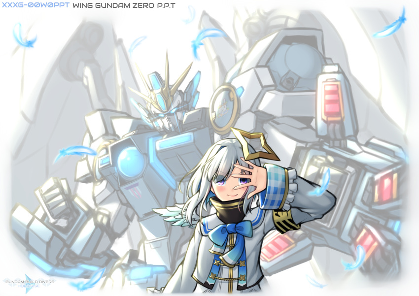 1girl amane_kanata angel_wings blue_bow blush bow clenched_hands crossover english_commentary eyebrows_visible_through_hair feathers floating_hair grey_jacket gundam gundam_build_divers gundam_build_divers_re:rise gundam_wing gundam_wing_endless_waltz hand_over_eye highres hololive jacket logo_parody mecha mechanical_wings mobile_suit open_hand parody pinguinkotak pose purple_eyes sailor_collar science_fiction short_hair silver_hair smile title_parody v-shaped_eyebrows wing_gundam_zero_custom wings