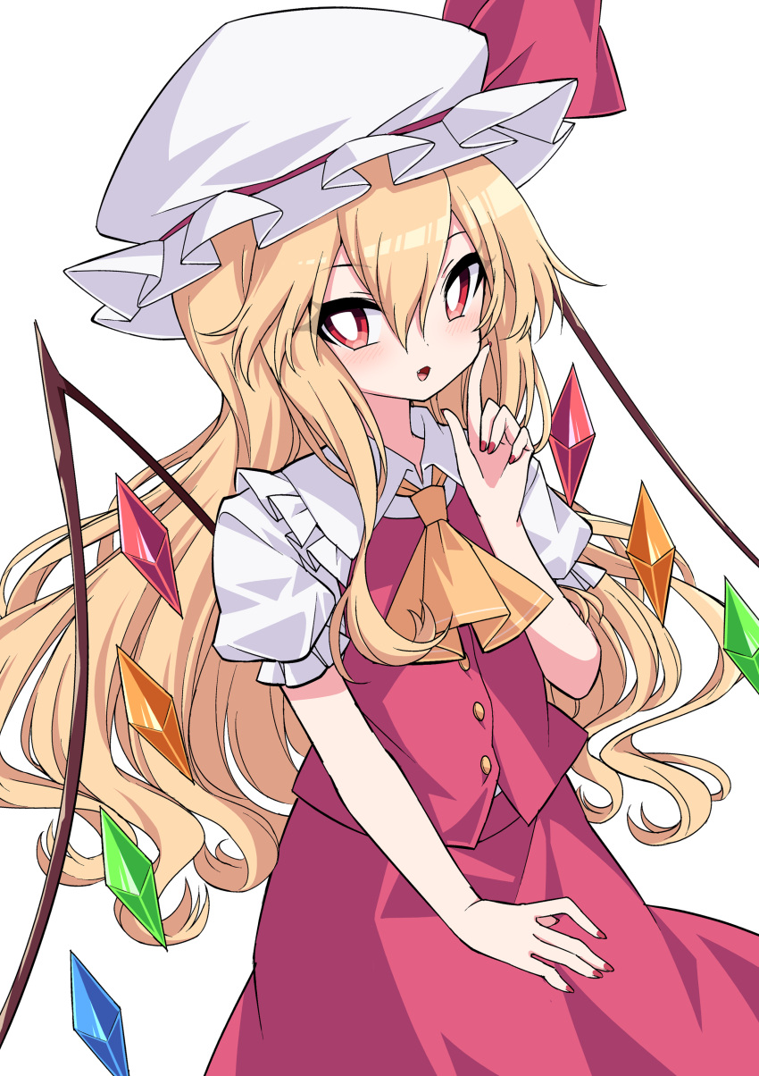 1girl absurdres alternate_hair_length alternate_hairstyle ascot bangs blonde_hair bright_pupils cowboy_shot crystal flandre_scarlet hair_between_eyes hat hat_ribbon highres index_finger_raised long_hair looking_at_viewer mob_cap nail_polish open_mouth puffy_short_sleeves puffy_sleeves rainbow_order red_eyes red_nails red_ribbon red_skirt red_vest ribbon shirt short_sleeves simple_background skirt solo standing touhou tsukimirin vest white_background white_headwear white_pupils white_shirt wings yellow_neckwear