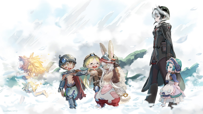 &gt;_&lt; 2boys 4girls animal_ears bangs belt black_cape black_clothes black_eyes black_footwear black_hair black_jacket blonde_hair blue_eyes blue_hair boots breasts brown_headwear brown_jacket cape closed_eyes commentary_request dress from_side full_body furry ghost glasses hair_between_eyes hat headdress helmet highres jacket jane_mere long_hair long_sleeves looking_at_another looking_away made_in_abyss maruruk mitty_(made_in_abyss) mitty_(made_in_abyss)_(human) multicolored_hair multiple_boys multiple_girls nanachi_(made_in_abyss) open_mouth ozen pants pouch red_cape regu_(made_in_abyss) riko_(made_in_abyss) running short_hair short_sleeves sidelocks simple_background smile tall tall_female walking white_hair yellow_eyes