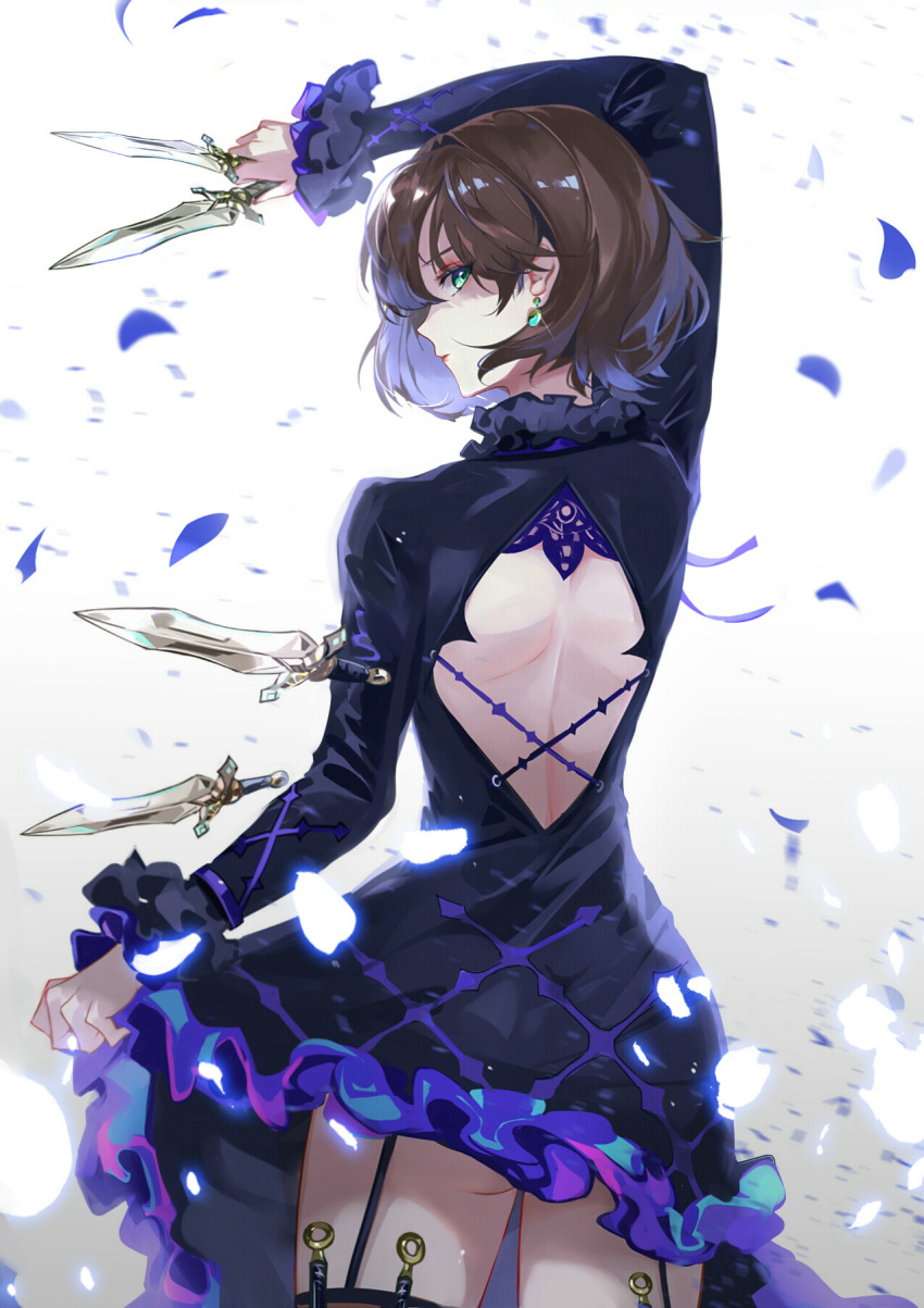 1girl arm_up ass back backless_dress backless_outfit black_dress brown_hair character_request counter_side cowboy_shot dagger dress earrings from_behind garter_straps green_eyes highres holding holding_dagger holding_weapon jewelry knife long_sleeves looking_back petals profile short_hair skirt_hold solo vardan weapon