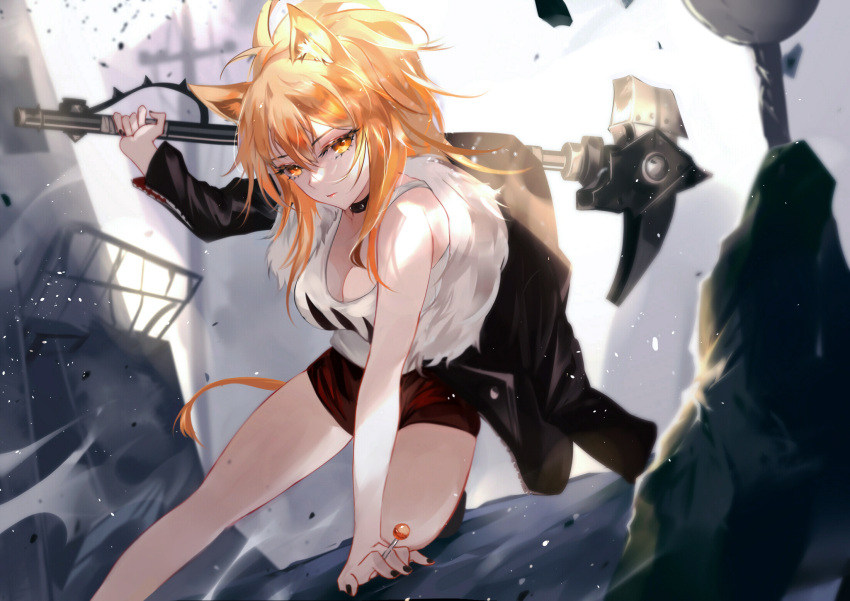 1girl animal_ears arknights arm_support bangs bare_shoulders black_choker black_jacket black_nails blonde_hair breasts candy choker cleavage eyebrows_visible_through_hair food fur-trimmed_jacket fur_trim hair_between_eyes hammer highres holding holding_candy holding_food holding_hammer holding_lollipop holding_weapon jacket lion_ears lollipop long_hair looking_at_viewer medium_breasts nail_polish off_shoulder shorts siege_(arknights) solo tail tank_top thighs vardan weapon yellow_eyes