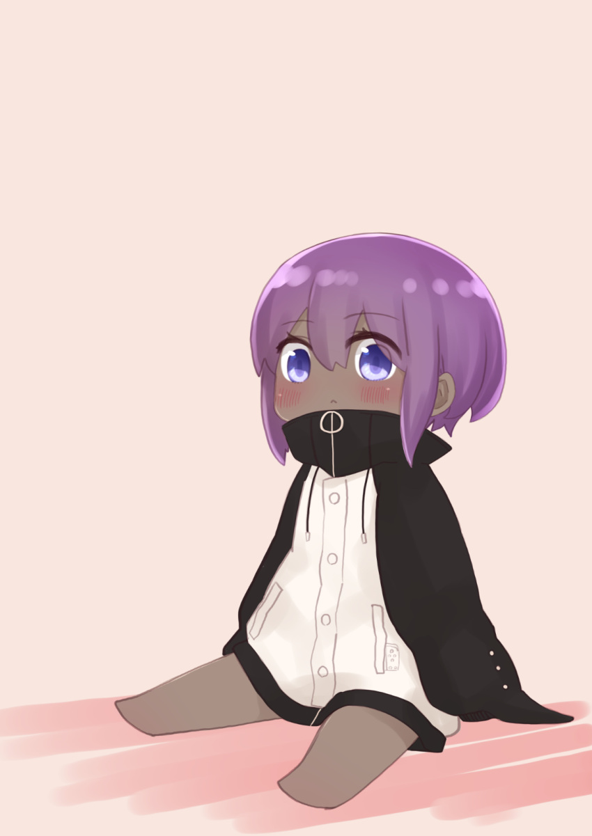 1girl :&lt; bangs barefoot blush brown_background chibi closed_mouth cosplay dark_skin dark_skinned_female eyebrows_visible_through_hair fate/prototype fate/prototype:_fragments_of_blue_and_silver fate_(series) hair_between_eyes hassan_of_serenity_(fate) high_collar highres i.u.y jacket long_sleeves looking_at_viewer meltryllis_(fate) meltryllis_(swimsuit_lancer)_(fate) meltryllis_(swimsuit_lancer)_(fate)_(cosplay) purple_eyes purple_hair sitting sleeves_past_fingers sleeves_past_wrists solo white_jacket