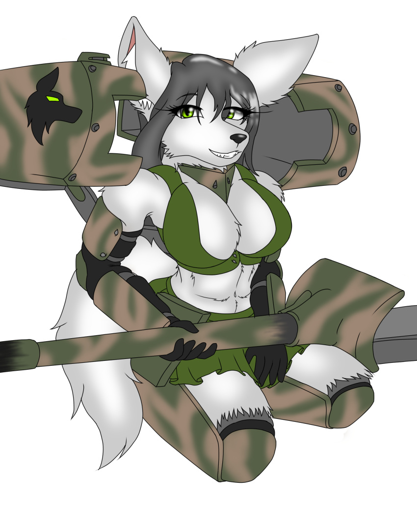 absurd_res alpha_channel anthro breasts canid canine canis cannon cleavage clothed clothing crop_top female fenririan fur hi_res inner_ear_fluff looking_at_viewer mammal mecha_musume military navel ranged_weapon sasha shirt skimpy smile solo tank tank_girl topwear tuft vehicle weapon white_body white_fur wolf wolfeddown