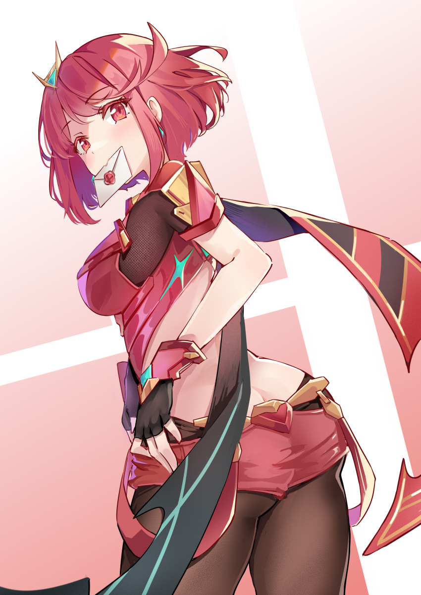 absurdres bangs black_gloves breasts chest_jewel earrings fingerless_gloves gloves highres jewelry large_breasts leggings letter pyra_(xenoblade) red_eyes red_hair red_legwear red_shorts scarlet_dango short_hair short_shorts shorts super_smash_bros. swept_bangs thighhighs tiara xenoblade_chronicles_(series) xenoblade_chronicles_2