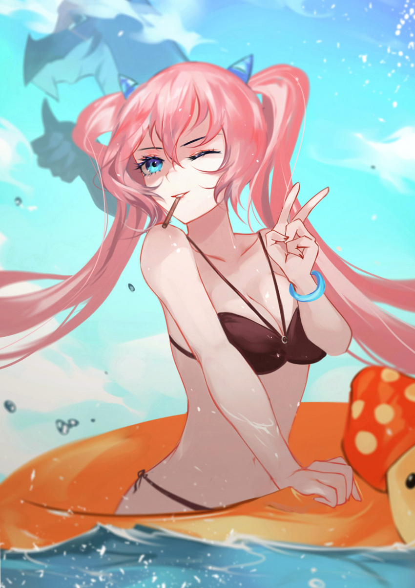 1girl angelic_buster bikini black_bikini blue_eyes breasts cleavage collarbone dragon highres horns innertube long_hair looking_at_viewer maplestory medium_breasts mouth_hold mushroom navel ocean one_eye_closed outdoors pink_hair solo swimsuit swimwear thumbs_up twintails v vardan very_long_hair water