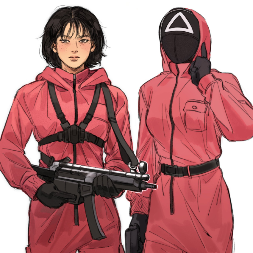 2girls bangs belt black_gloves black_mask closed_mouth commentary english_commentary freckles gloves gun h&amp;k_mp5 highres holding holding_gun holding_weapon index_finger_raised long_sleeves looking_at_viewer mask medium_hair multiple_girls pink_jumpsuit sae-byeok simple_background soldier_(squid_game) sonagee squid_game submachine_gun trigger_discipline weapon white_background