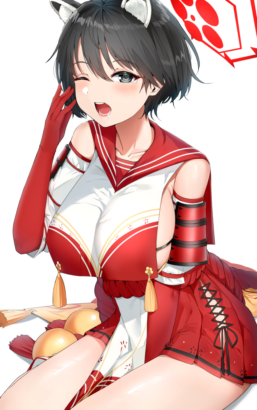 1girl absurdres animal_ears armor bangs bare_shoulders black_hair blue_archive blue_eyes blush breasts cleavage collarbone elbow_gloves gloves halo highres japanese_armor large_breasts one_eye_closed open_mouth red_gloves red_sailor_collar red_skirt rope sailor_collar short_hair sideboob sideless_outfit sitting skirt smile solo suzuharu_toufu tabard tassel thighs tsubaki_(blue_archive) yawning