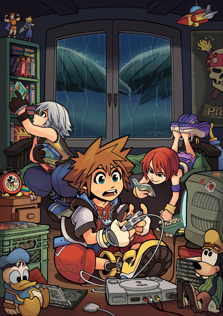 1girl 2boys basket bed bowl brown_hair character_doll cloud_strife donald_duck final_fantasy final_fantasy_vii fingerless_gloves food game_cartridge game_console gloves goofy hercules_(disney) hercules_(disney)_(character) highres hood hoodie kairi_(kingdom_hearts) kingdom_hearts kingdom_hearts_i mickey_mouse multiple_boys open_mouth palm_tree playing_games playstation popcorn poster_(object) pouch rain red_hair riku room short_hair silver_hair sitting sleeveless smile smovs sora_(kingdom_hearts) spiked_hair sticker sweatdrop television tree video_game videocassette window wristband