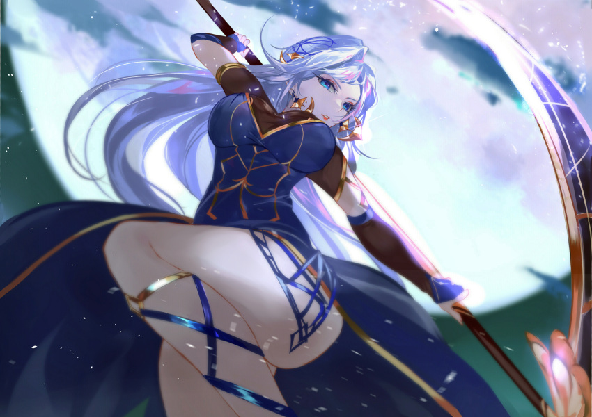 1girl bangs bare_legs blue_dress blue_eyes breasts dress elbow_gloves epic_seven fingerless_gloves gloves hair_ornament highres holding holding_scythe holding_weapon kise_(epic_seven) large_breasts long_hair moon parted_bangs parted_lips scythe silver_hair sky smile solo vardan weapon
