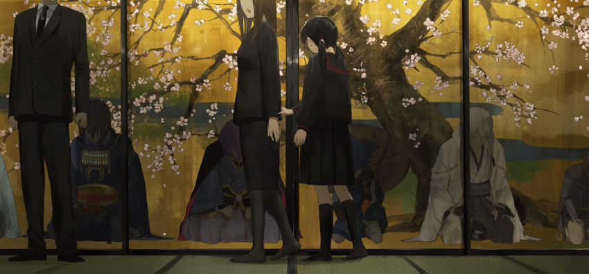 2girls 6+boys absurdres black_hair black_legwear blue_hair brown_hair cherry_blossoms collared_shirt commentary_request formal from_behind hakama hataya highres hood japanese_clothes kasen_kanesada kneehighs low_twintails maeda_toushirou mikazuki_munechika multiple_boys multiple_girls necktie nikkari_aoe one_eye_closed open_mouth out_of_frame pantyhose pleated_skirt purple_hair sayo_samonji school_uniform seiza serafuku shirt sitting skirt sliding_doors suit tatami touken_ranbu tree tsurumaru_kuninaga twintails white_hair yellow_eyes