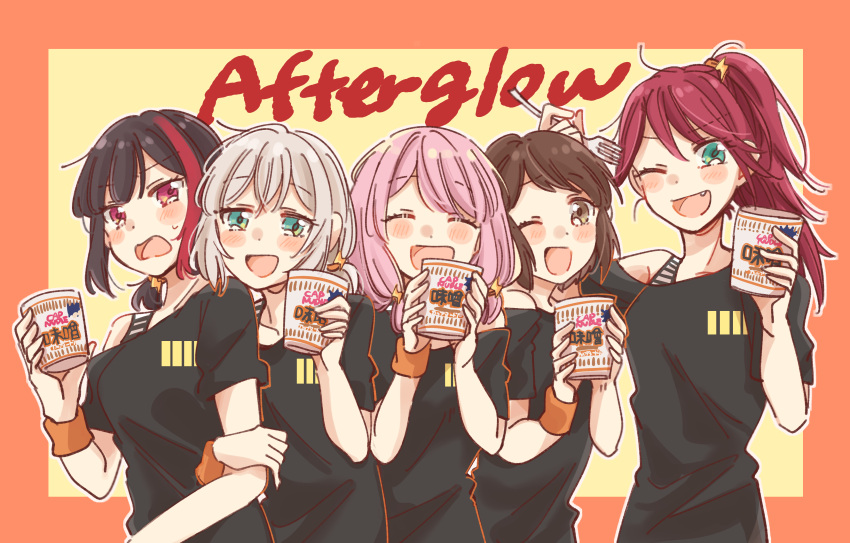 5girls :d absurdres afterglow_(bang_dream!) alternate_hairstyle aoba_moca bang_dream! black_hair blush brown_hair cup_ramen fang green_eyes grey_hair hazawa_tsugumi highres low_twintails mitake_ran multicolored_hair multiple_girls one_eye_closed open_mouth pink_hair red_eyes red_hair short_ponytail smile streaked_hair sweatdrop twintails udagawa_tomoe uehara_himari upper_body wristband zawameki