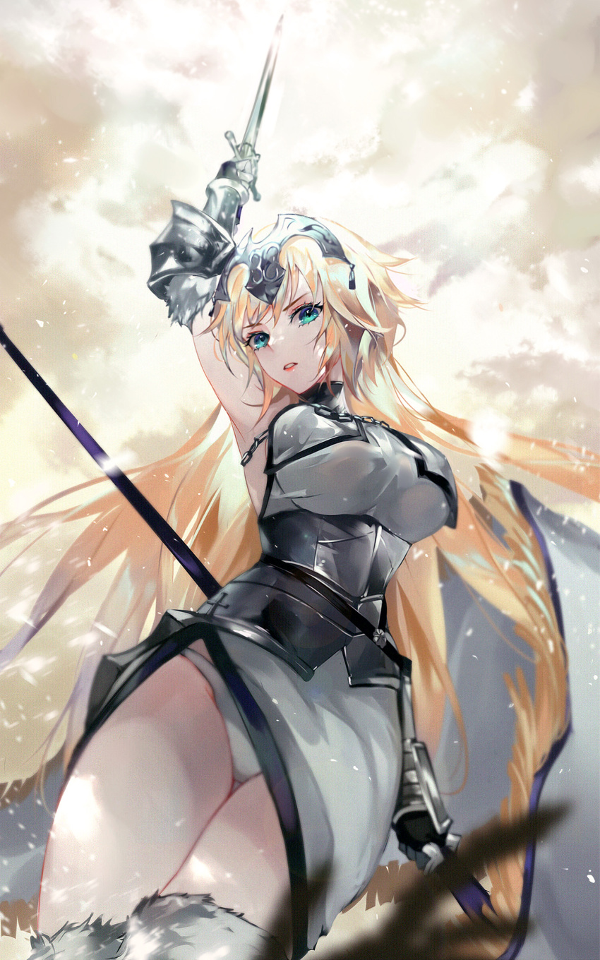 1girl absurdres armor bangs blonde_hair breasts chain eyebrows_visible_through_hair fate/grand_order fate_(series) fur_trim gauntlets green_eyes headpiece highres holding holding_sword holding_weapon jeanne_d'arc_(fate)_(all) large_breasts long_hair looking_at_viewer panties parted_lips skirt solo standing sword thighhighs underwear vardan very_long_hair weapon white_panties