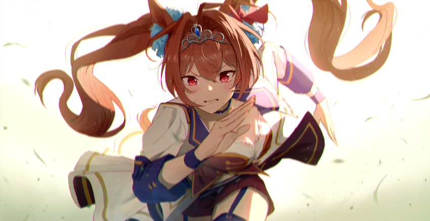 1girl animal_ears bangs blush breasts brown_hair choker clenched_teeth daiwa_scarlet eri96 eyebrows_visible_through_hair garter_straps hair_between_eyes hair_ribbon highres horse_ears horse_girl long_hair red_eyes ribbon running simple_background skirt solo sparkle sweat teeth tiara twintails umamusume upper_body