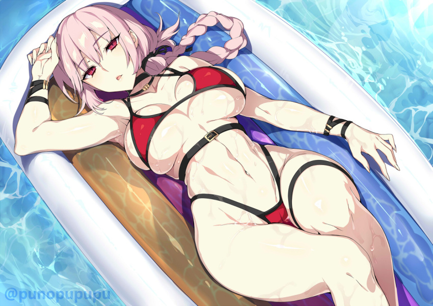 1girl bangs bare_shoulders bikini blush braid breasts cleavage collarbone fate/grand_order fate_(series) florence_nightingale_(fate) folded_ponytail highleg highleg_bikini inflatable_raft large_breasts long_hair looking_at_viewer lying navel on_back pink_hair red_bikini red_eyes swimsuit thighs water wet zeroshiki_kouichi