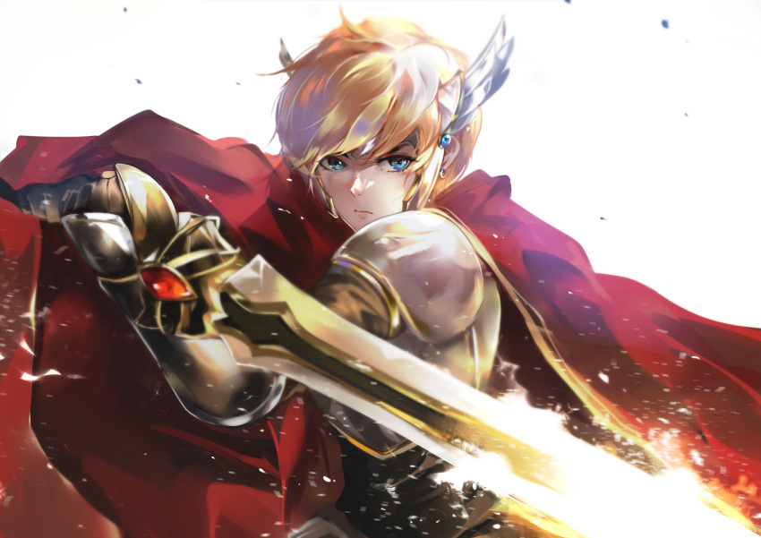 1boy armor blonde_hair blue_eyes cape character_request circlet holding holding_sword holding_weapon knight looking_at_viewer male_focus maplestory red_cape serious solo sword vardan weapon white_background