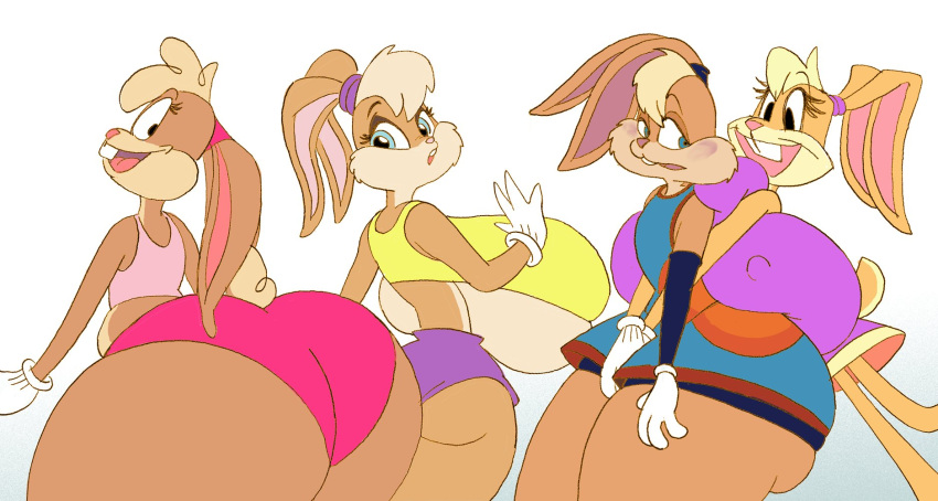 2021 anthro big_breasts big_butt bottomwear breasts buckteeth butt clothed clothing crop_top ears_down female front_view gloves group handwear hi_res huge_breasts huge_butt lagomorph leporid lola_bunny looney_tunes mammal new_looney_tunes nipple_outline nondelismell pivoted_ears rabbit rear_view shirt shorts space_jam square_crossover teeth the_looney_tunes_show thick_thighs topwear under_boob warner_brothers