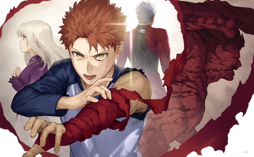1girl 3boys archer bandaged_arm bandages bangs berserker emiya_shirou fate/stay_night fate_(series) heaven's_feel highres illyasviel_von_einzbern kouzuki_kei looking_at_viewer multiple_boys open_mouth orange_hair outstretched_hand signature sweat torn_clothes upper_body white_hair yellow_eyes