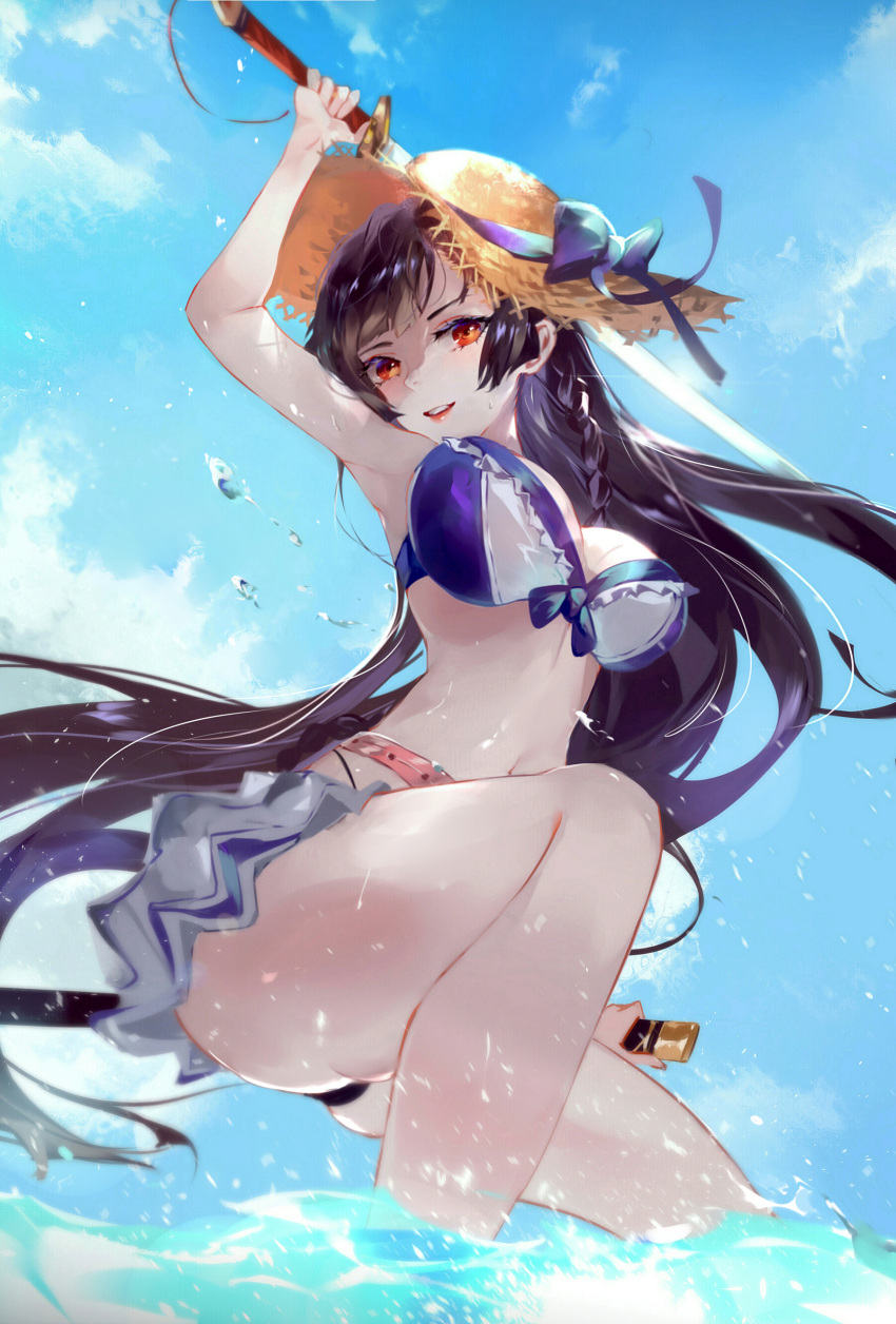 1girl absurdres arm_up armpits ass bikini black_hair blue_sky bow breasts cleavage cloud day epic_seven hat hat_bow highres holding holding_sword holding_weapon in_water karin_fantaria large_breasts long_hair looking_at_viewer navel outdoors red_eyes scabbard sheath sky smile solo straw_hat sun_hat swimsuit swimwear sword thighs vardan very_long_hair water water_drop weapon