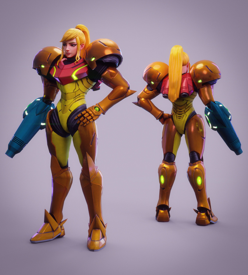 3d absurdres arm_cannon back blonde_hair fortnite hand_on_hip highres metroid model ponytail power_armor samus_aran standing ta5tyy2 weapon