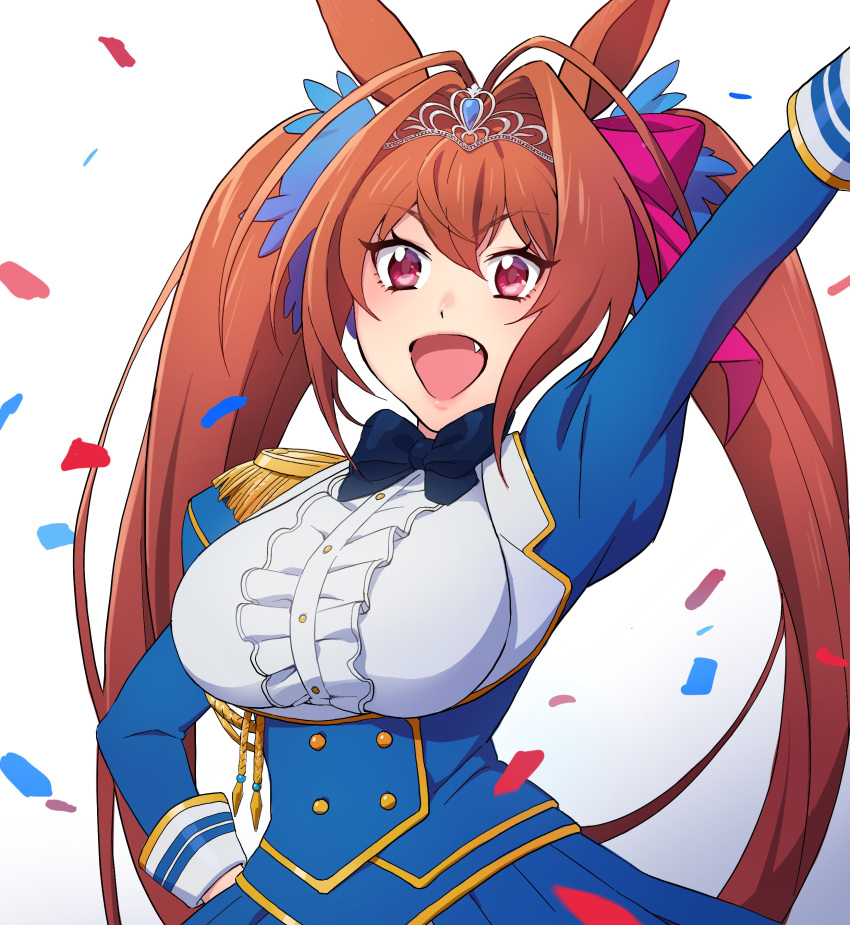 1girl absurdres animal_ears bangs blue_dress breasts brown_hair confetti daiwa_scarlet dress eyebrows_visible_through_hair fang hair_between_eyes highres horse_ears horse_girl medium_breasts mosako open_mouth red_eyes solo tiara twintails umamusume v-shaped_eyebrows white_background