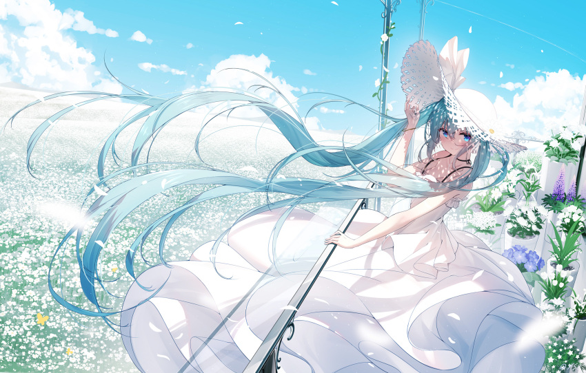 aqua_eyes aqua_hair bai_yemeng clouds dress flowers hat hatsune_miku long_hair petals sky twintails vocaloid