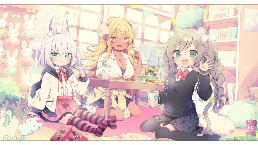 3girls :3 :d animal_ears aruya_(flosrota) bag black_legwear blonde_hair blue_eyes book bookshelf bow bowtie box braid breasts bunny_ears cat_ears cat_girl cat_tail character_request commission copyright_request cup dark_skin disposable_cup dress_shirt eating fang flat_chest food frilled_skirt frills green_eyes hood hood_down hoodie horns large_breasts long_hair long_sleeves looking_at_viewer miniskirt multiple_girls open_mouth plaid plaid_skirt plant pleated_skirt pocky potted_plant purple_legwear shirt short_hair sitting skirt sleeves_past_wrists smile striped striped_legwear stuffed_animal stuffed_bunny stuffed_cat stuffed_toy sweater table tail thighhighs twin_braids wariza white_hair white_shirt yellow_eyes zettai_ryouiki