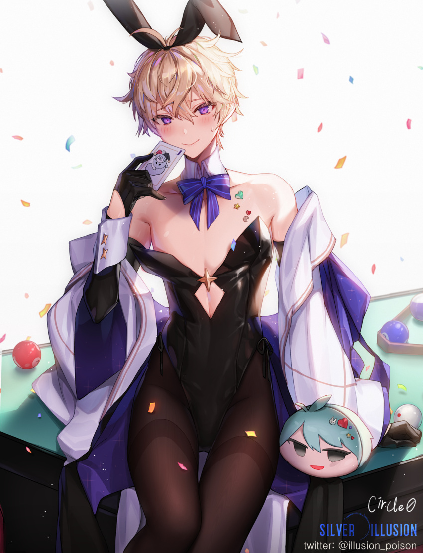 1boy animal_ears backlighting bangs bare_shoulders bishounen black_gloves black_leotard blonde_hair blush bow bowtie brown_legwear bunny_ears card closed_mouth collarbone commentary_request confetti crossdressing cue_ball detached_collar fake_animal_ears gloves hair_between_eyes head_tilt highleg highleg_leotard highres holding holding_card hwansang_jungdog joker_(card) leotard long_sleeves looking_at_viewer luchiphon_helel male_focus off_shoulder on_table original otoko_no_ko pantyhose playboy_bunny playing_card pool_table purple_bow purple_eyes purple_neckwear reward_available side-tie_leotard sitting smile solo sticker strapless strapless_leotard striped striped_bow striped_neckwear sweatdrop table thigh_gap thighband_pantyhose thighs tsurime twitter_username white_background wing_collar wrist_cuffs