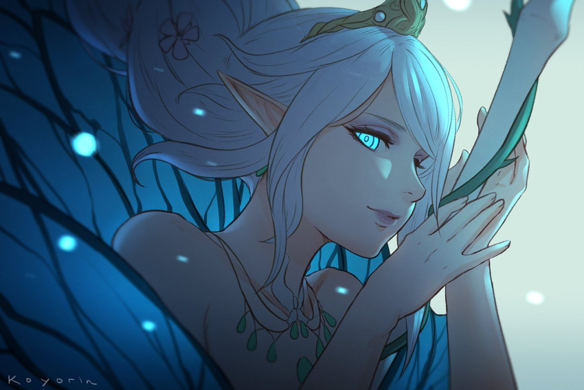 1other bare_shoulders blue_eyes blue_wings butterfly_wings close-up earrings face final_fantasy final_fantasy_xiv floating_hair holding holding_staff jewelry koyorin lips long_hair looking_at_viewer necklace pointy_ears solo staff tiara titania_(final_fantasy) white_hair wings