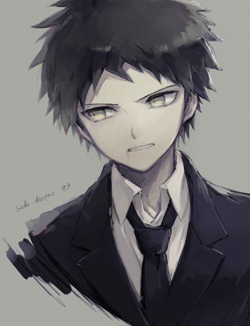 1boy ahoge asuna_(doruru-mon) black_jacket black_neckwear brown_eyes brown_hair clenched_teeth collared_shirt commentary_request cropped_shoulders danganronpa_(series) danganronpa_3_(anime) formal grey_background highres hinata_hajime jacket male_focus necktie number shirt short_hair simple_background solo suit teeth white_shirt wing_collar