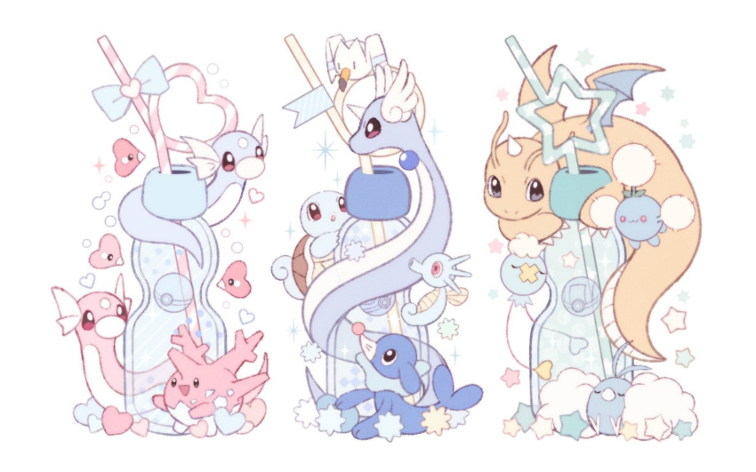 :d bottle claws commentary_request corsola dragonair dragonite dratini drifloon drinking_straw gen_1_pokemon gen_2_pokemon gen_3_pokemon gen_4_pokemon gen_7_pokemon grey_eyes heart highres jumpluff looking_up luvdisc moco_font no_humans open_mouth pokemon pokemon_(creature) popplio smile sparkle squirtle star_(symbol) swablu wingull