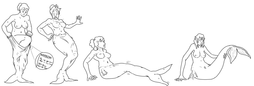 2017 absurd_res breasts female genitals hair hi_res human human_to_humanoid humanoid lying mammal marine merfolk monochrome nipples nude ponytail prurientpie pussy sequence simple_background solo species_transformation suit_transformation surprise transformation white_background