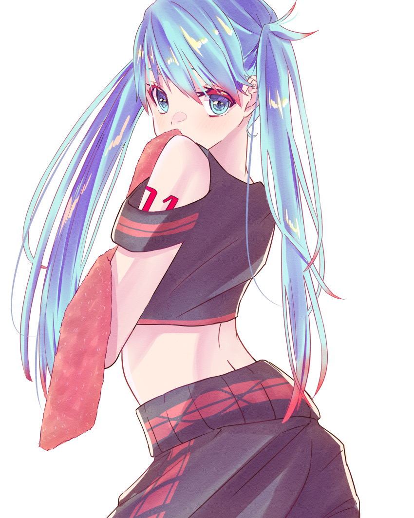 1girl absurdres bangs bare_shoulders black_pants black_shirt blue_eyes blue_hair colored_eyelashes colored_tips crop_top ezaki_hiyori from_behind hatsune_miku highres long_hair looking_at_viewer looking_back pants red_eyelashes shirt skirt solo twintails very_long_hair vocaloid white_background