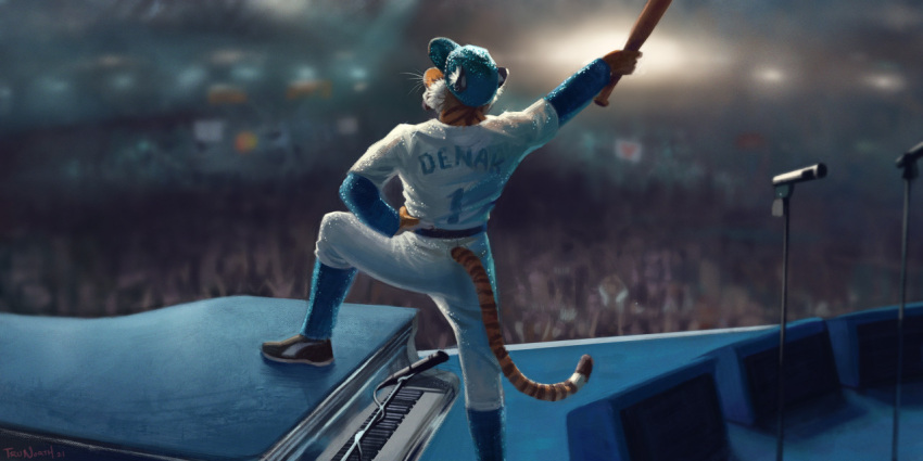 2:1 anthro baseball_(disambiguation) baseball_cap baseball_uniform clothed clothing ears_up felid hat headgear headwear holding_object male mammal pantherine public solo sport sportswear standing tiger trunorth uniform