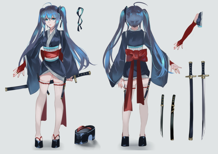 1girl ahoge blue_hair bridal_gauntlets character_sheet full_body geta grey_background highres holding japanese_clothes kimono long_hair long_sleeves looking_at_viewer multiple_views obi original red_sash sash scabbard sheath sheathed standing sword tachi_(weapon) thigh_strap thighhighs turnaround twintails vardan very_long_hair wakizashi weapon white_legwear zettai_ryouiki