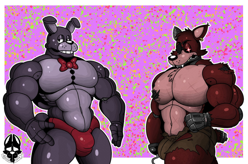2021 abs angry animatronic anthro barazoku biceps big_bulge big_pecs black_eyes black_nose black_sclera bonnie_(fnaf) border bottomwear bow_tie bulge canid canine chest_tuft clothed clothing dogmanart duo ear_piercing ear_ring endoskeleton english_text exposed_endoskeleton eye_patch eyewear fangs five_nights_at_freddy's fox foxy_(fnaf) fur glowing glowing_eyes green_background hair half-closed_eyes hi_res hook hook_hand lagomorph leporid long_ears looking_at_viewer machine male mammal manly metal metal_hand metallic metallic_hands multicolored_body multicolored_fur muscular narrowed_eyes navel notched_tail orange_background pecs piercing pink_body pink_fur pirate presenting_bulge purple_background purple_body rabbit red_background red_body red_eyes red_fur red_hair red_tail robot robotic_hand sharp_teeth short_hair shorts simple_background smile speedo standing swimwear teeth text thick_thighs topless topless_anthro topless_male torn_body torn_clothing triceps tuft two_tone_body video_games white_border