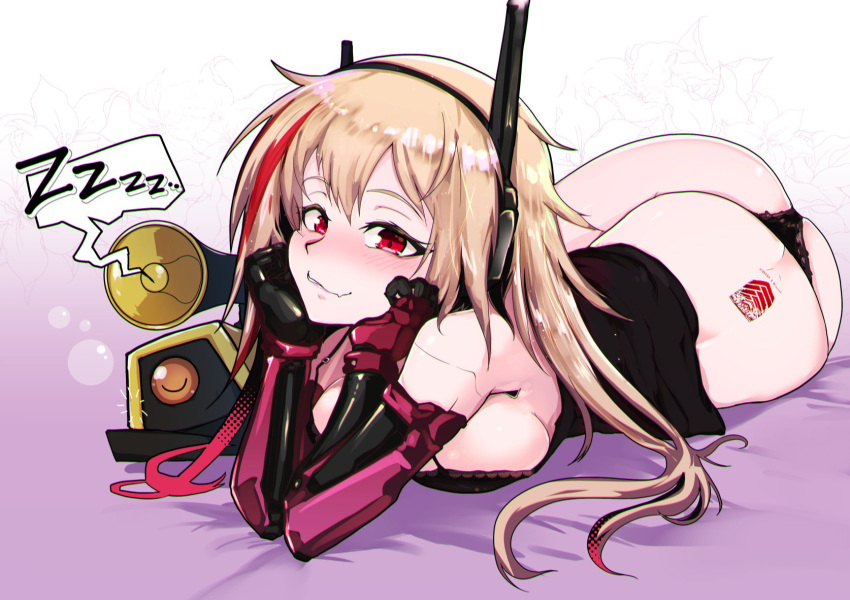 1girl arm_support ass back_tattoo black_panties blonde_hair blush breasts camisole fang girls_frontline grifon_&amp;_kryuger headgear highres large_breasts lingerie long_hair looking_at_viewer lying m4_sopmod_ii_(girls_frontline) mechanical_arms megaphone multicolored_hair panties red_eyes red_hair ro635_(dinergate) ryuu_tou skin_fang smile spoken_zzz streaked_hair string_panties tattoo tramp_stamp underwear zzz