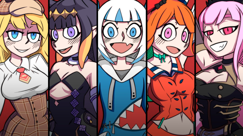 5girls absurdres aqua_neckwear bangs beret black_dress blue_eyes blunt_bangs chef_hat collared_shirt deerstalker drawstring dress fang gawr_gura grin hat helltaker high-waist_skirt highres hololive hololive_english hood hoodie looking_at_viewer mikirisuo mori_calliope multiple_girls necktie ninomae_ina'nis open_mouth orange_shirt pink_hair plaid plaid_skirt purple_dress purple_eyes purple_hair red_neckwear round_teeth shirt skin_fang skirt sleeveless sleeveless_dress smile takanashi_kiara teeth toque_blanche watson_amelia white_shirt