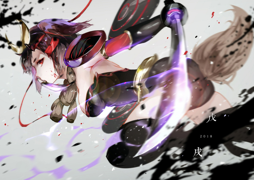 1girl animal_ears black_dress blurry breasts brown_hair character_request chinese_zodiac dog_ears dog_tail dress from_side gauntlets hair_ornament highres holding holding_sword holding_weapon long_hair medium_breasts motion_blur new_year profile red_eyes short_hair sideways_glance solo sword tail tower_of_saviors vardan weapon year_of_the_dog