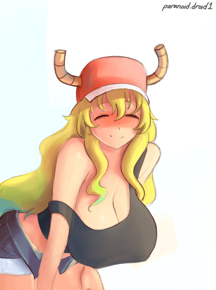 1girl bangs baseball_cap breasts cleavage closed_eyes eyebrows_visible_through_hair hair_between_eyes hat highres horns kobayashi-san_chi_no_maidragon large_breasts long_hair paranoiddroid5 quetzalcoatl_(maidragon) short_shorts shorts simple_background smile solo white_background