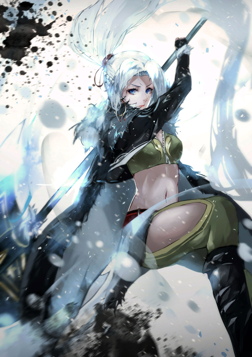 1girl absurdres aran_(maplestory) bangs black_footwear black_jacket blue_eyes boots braid breasts cape crop_top cropped_jacket earrings fur_cape green_pants green_shirt highres holding holding_weapon hoop_earrings jacket jewelry long_hair looking_at_viewer maplestory midriff navel pants parted_bangs ponytail shirt side_slit solo vardan weapon white_hair