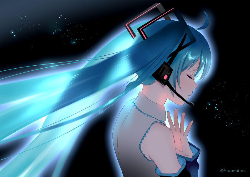 aqua_hair black close foo_midori hatsune_miku headphones long_hair microphone signed twintails vocaloid waifu2x