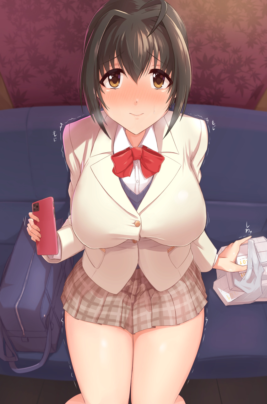 1girl absurdres ahoge bag black_hair blazer blush bow bowtie breasts cellphone closed_mouth commentary_request condom_box hair_intakes highres idolmaster idolmaster_cinderella_girls jacket kohinata_miho large_breasts looking_at_viewer phone plaid plaid_skirt school_uniform short_hair sitting skirt smartphone smartphone_case solo trembling twogie